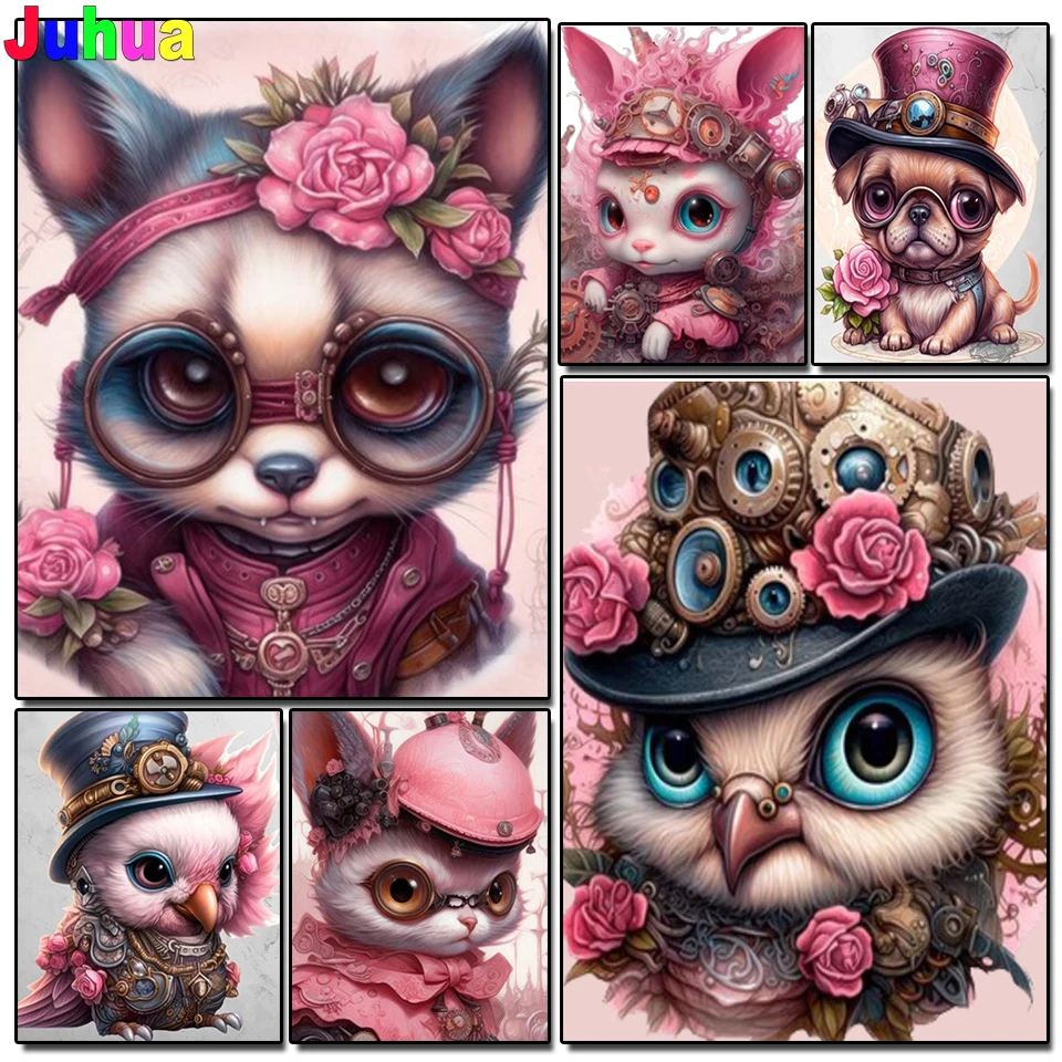 Алмазная живопись в стиле стимпанк сова кот единорог кролик собака мозаика