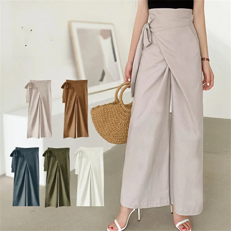 Elegant Irregular Side Lace Up Pants High Waist Trousers Casual Ladies Simple Solid Color Wide Leg Pants 2022 Summer Fashion