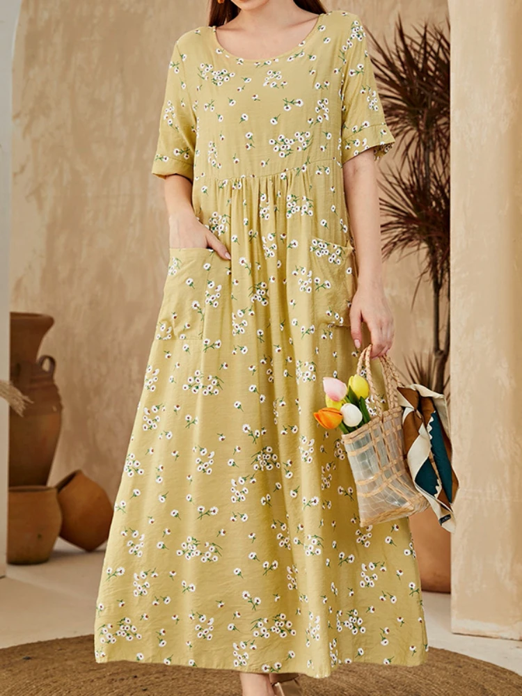 

Summer Dress 2023 Women Clothing Korean Fashion Short Sleeve Vintage Dress Yellow Print Loose Leisure Female Streetwear Robe