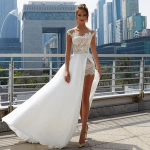 Sexy A-Line Wedding Dresses 2022 Sheer O-Neck Side High Split Cap Sleeve Lace Appliques Chiffon Beach Bridal Gown Button Back
