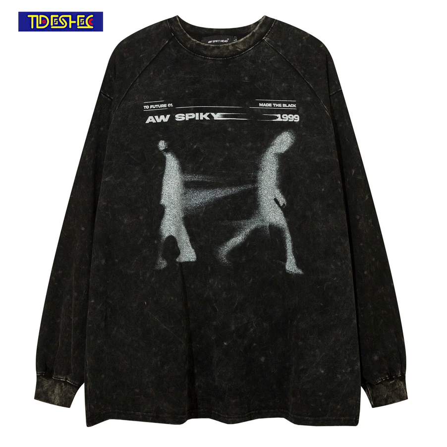 

Mens High Street Crew Neck Cotton Tee Shadow Printed Pattern Long Sleeve T-shirt Vintage Washing Streetwear Loose Casual T Shirt