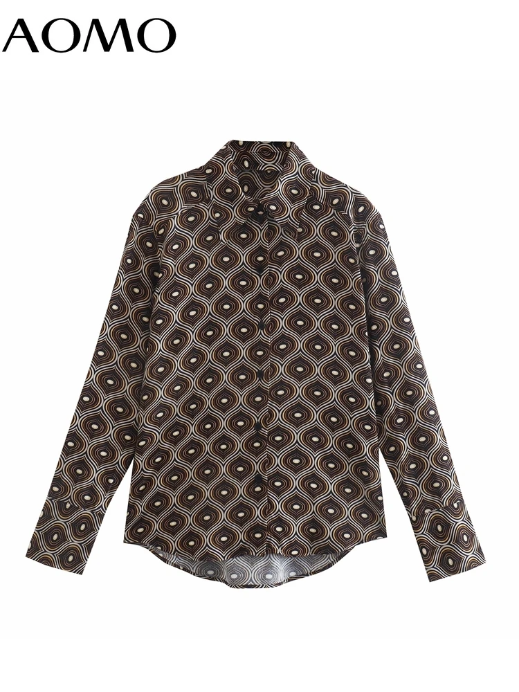

AOMO 2022 New Women Geometry Print Shirt Blouse Long Sleeve Chic Female Office Lady Tops QD31A