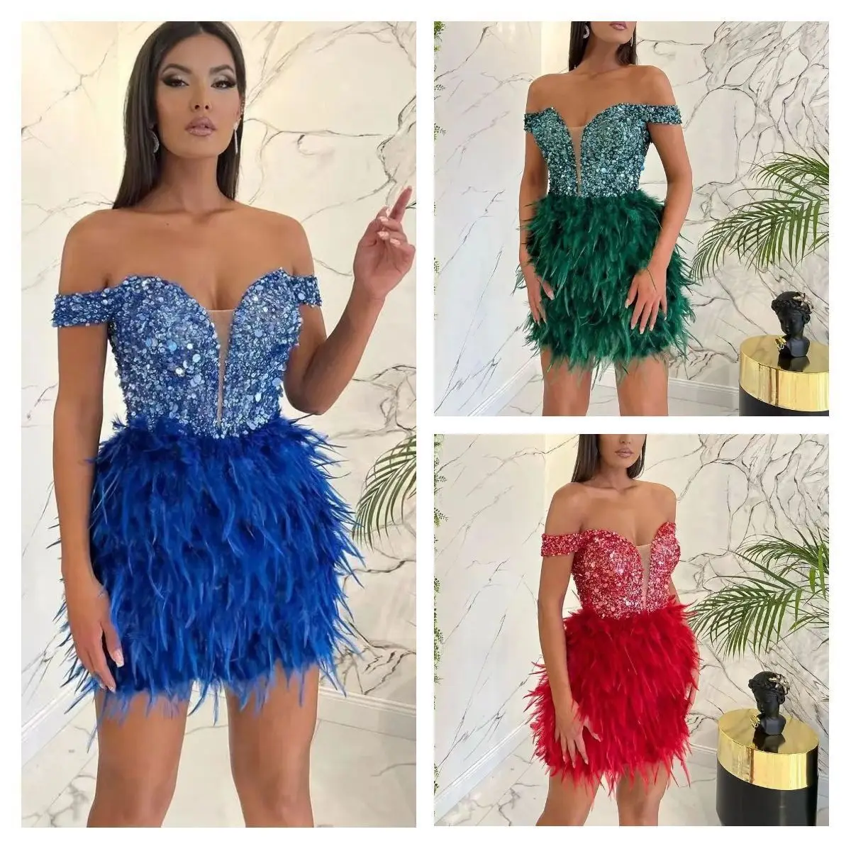 Sequin Feathers Mini Skirt Dress Women Off Shoulder Sexy Shiny Luxury Evening Prom Party Dresses Female 2022 Summer New