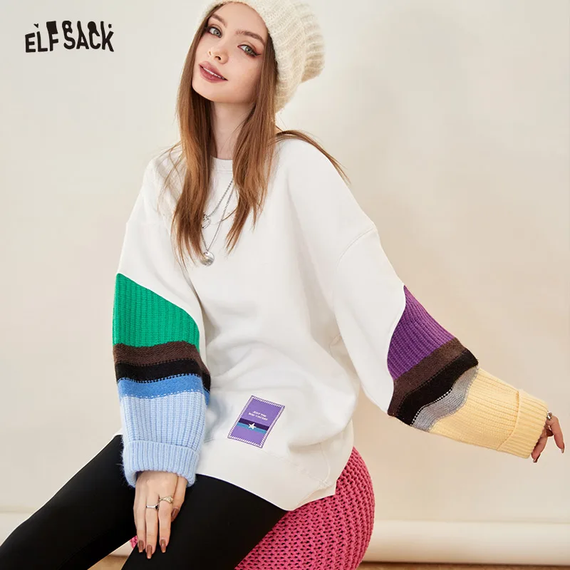 ELFSACK Panelled Spliced Fleece Hoodies Women 2022 Winter Loose Long Sleeve Pullover Sweatshirt