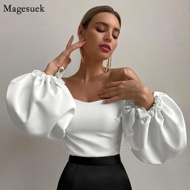 

Sexy Off Should Women T-Shirt Elegant Lantern Sleeve Vintage Bandage Woman T Shirts Casual White Tee Slim Lady Crop Tops 20911