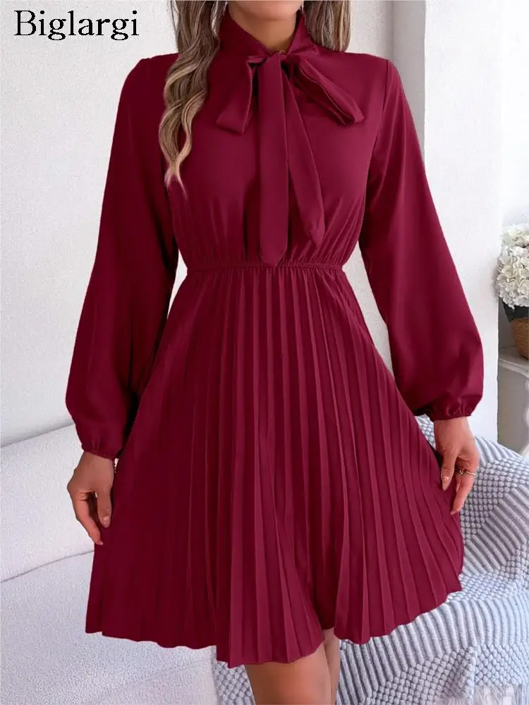 

Autumn Winter Pullover Midi Dress Women Bow Fashion Ruffle Pleated Ladies Dresses Long Sleeve Casual Woman Dress 2023