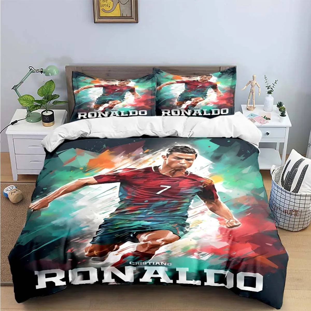 Фото Модный комплект постельного белья с принтом «Футбольная звезда» M-Messi R-Ronaldo, пододеяльник, одеяло, кровать для молодежи, роскошный подарок для девочек и мальчиков №2