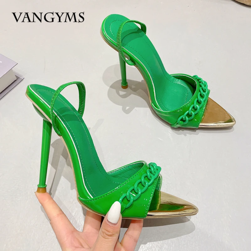 

High Heeled Shoes Women's 2022 New One-piece Fashion Color Chain Women's Shoes Pointed Open Toe Sandals Tacones De Mujer