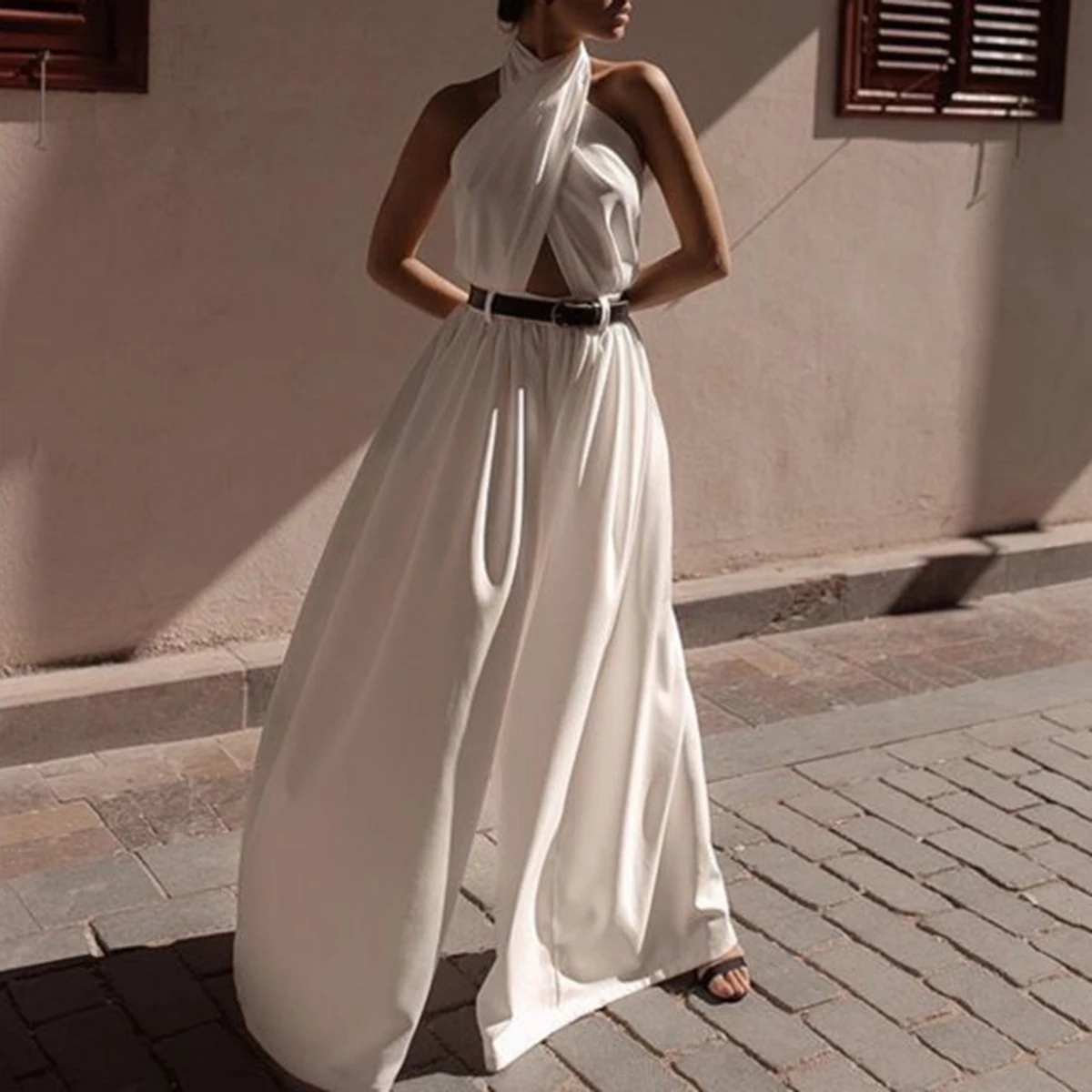 

Gymystar 2022 Solid Color Pleated Crossed Sexy Backless Female Fashion New Summer Original Loose Sleeveless Jumpsuits for Women