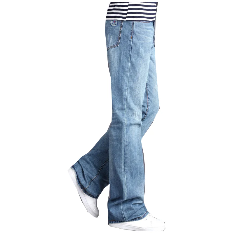 

Calça jeans masculina azul claro, calça jeans flare com cintura alta para homens, azul de corte