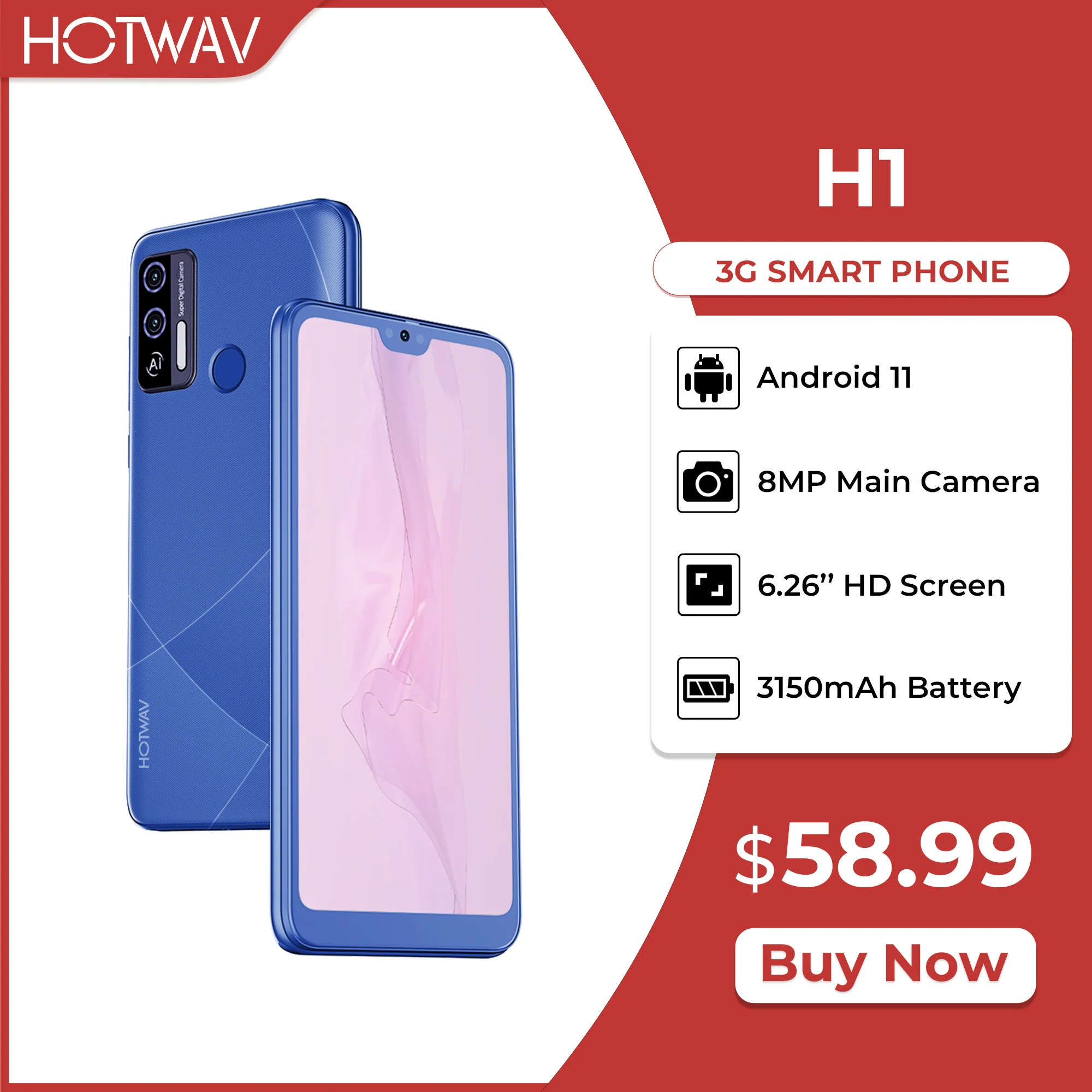 HOTWAV H1 Smartphone 3150mAh Battery 6.26'' HD Screen Ultra Thin 2GB RAM 16GB ROM Mobile Phone 8MP Rear Camera Cellphone 2022