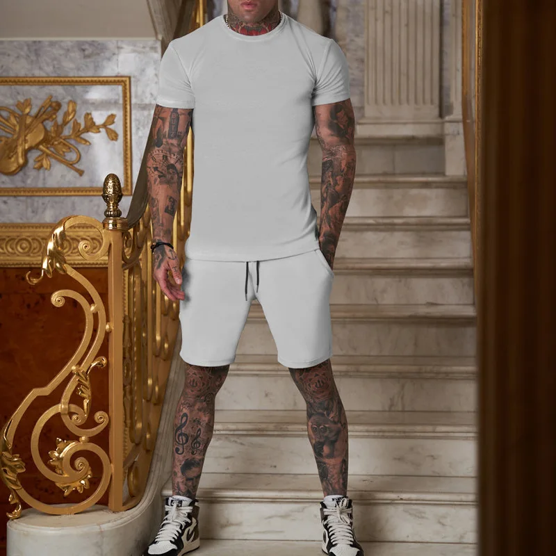 2023 New Summer Thin Solid Color Short-sleeved T Shirts and Shorts Two Piece Set Sports Suit Summer Men's Suit Ropa De Hombre