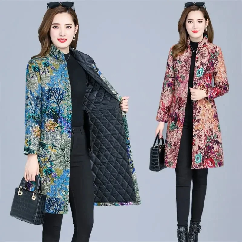 

Down Cotton Jacket Women 2022 Winter New Fashion Versatile National Style Padded Coat Female Large Size Long Print Warm Parkas