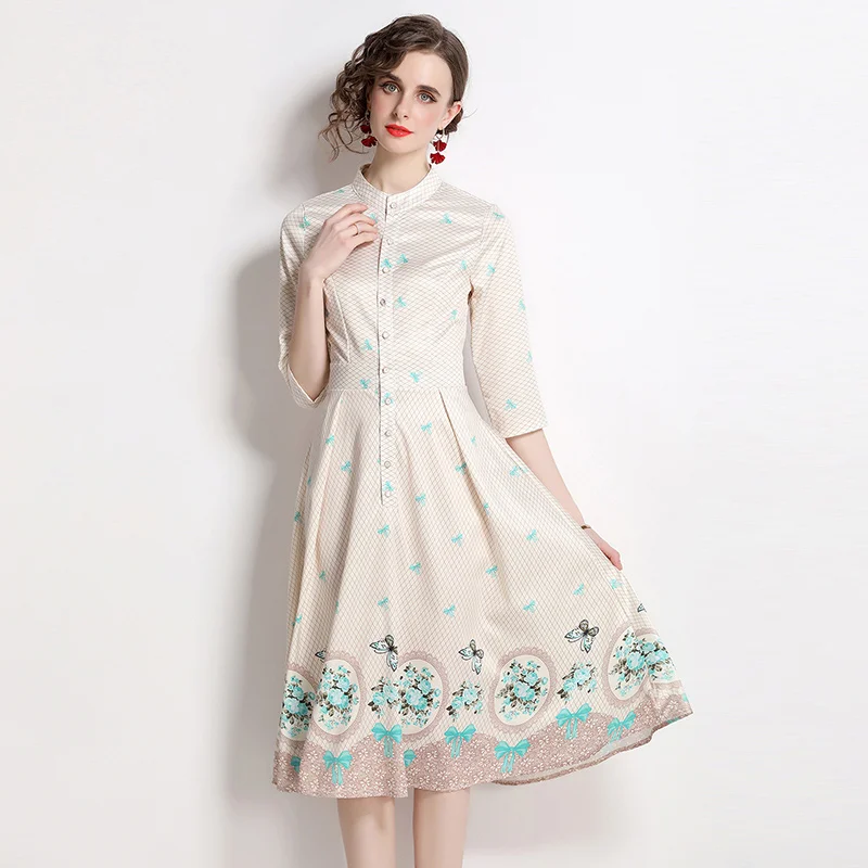 

Simgent Plaid Print Dress Women New Fashion Midi Elegant Slim A Line Stand Collar 2022 Spring Summer Dresses Vestidos SG231510