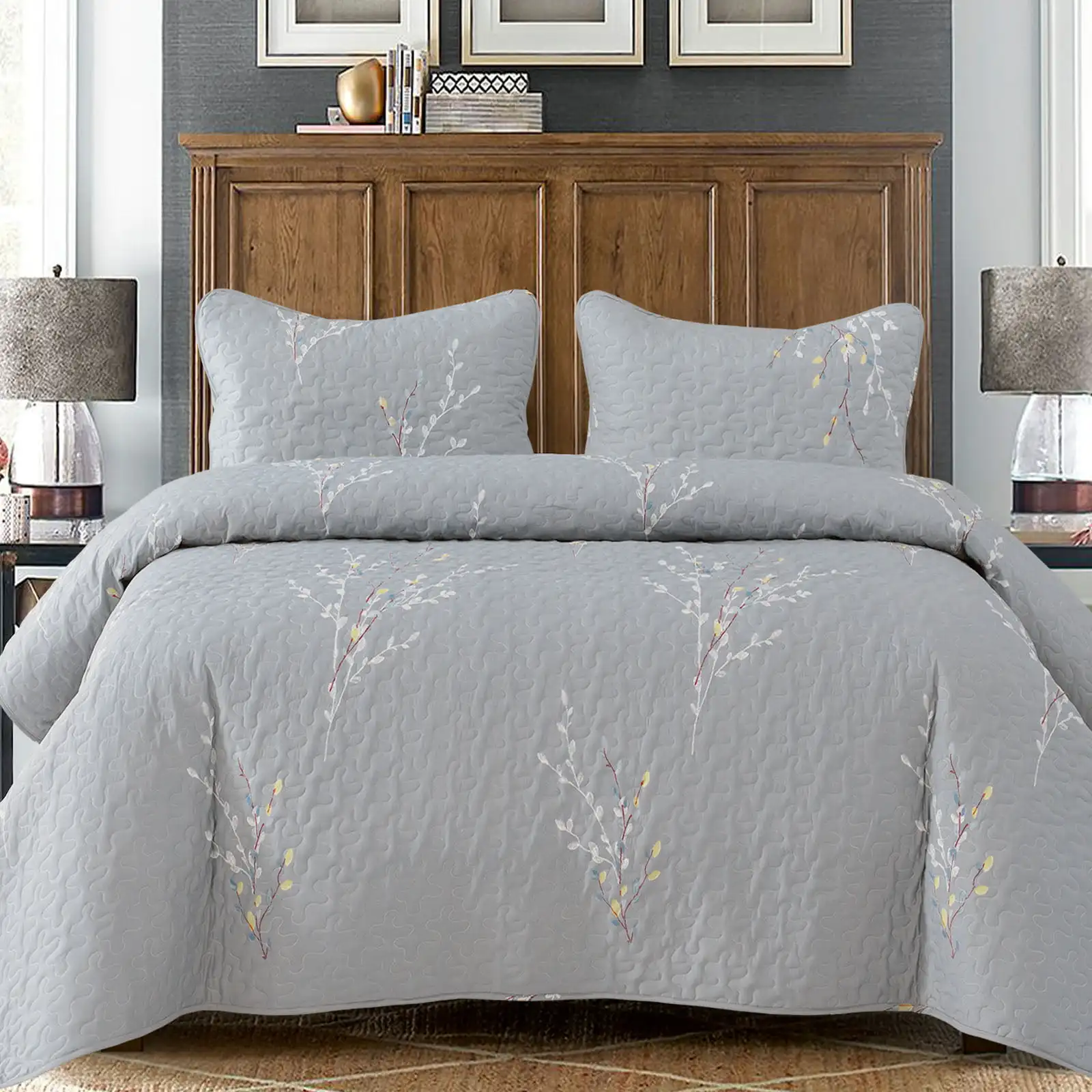 

3 Piece Microfiber King Size Quilt Set Lightweight Bedspreads/ Coverlet/ Bedding Set with 2 Pillow Shams Floral Branches Pattern