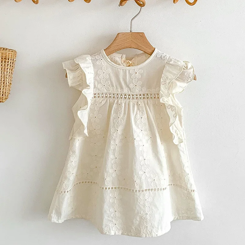 

Kids Party Dresses Sleeveless Cotton Solid Color Embroidery Sisters Clothes Summer Baby Girls Princess Dress