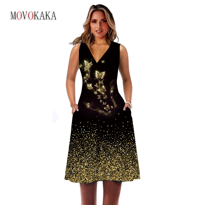 

MOVOKAKA Summer Butterfly Print Elegant Woman Dress Vintage Casual Beach Party Holiday Sleeveless Vestidos V Neck Black Dresses