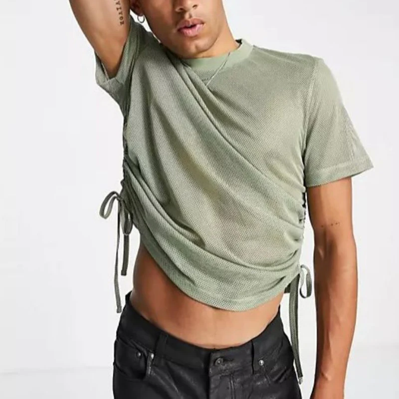 

Summer Mens Fashion T-Shirts Solid Side Lace-up Drawstring Short Tee Shirt Men Casual Short Sleeve O Neck Pullovers Clothes Male