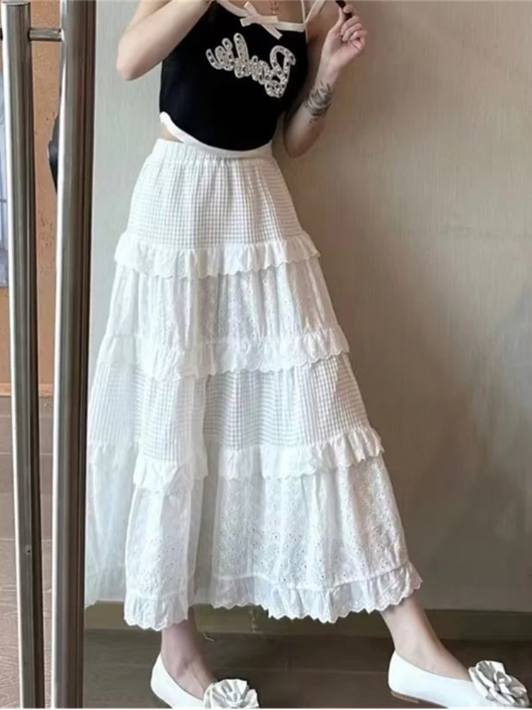 

Casual Women White Lace Spliced Skirts 2023 Summer Sweet High Waist Skirts Solid Color Female Chic Bottoms