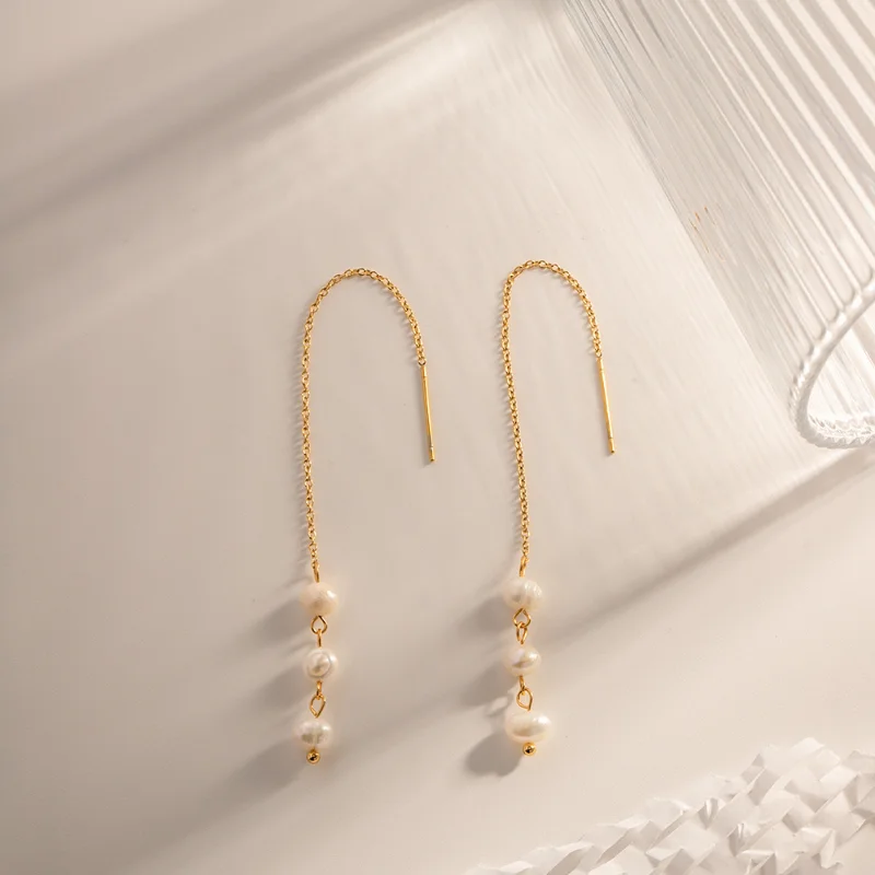 

Minar Temperament Tarnish Free Freshwater Pearl Dangle Earrings Women 18K Gold Plated Stainless Steel Long Chain Tassel Earring
