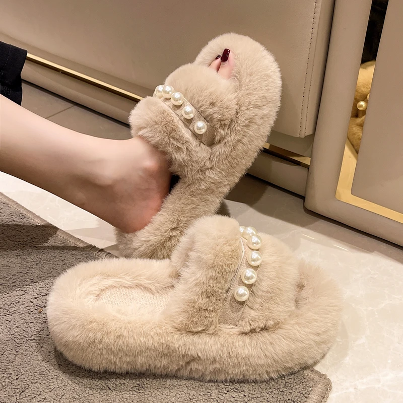 

Shoes Woman 2022 Slippers Flat Platform Fur Flip Flops Pantofle Luxury Slides String Bead Flock Med Plush New Designer with fur