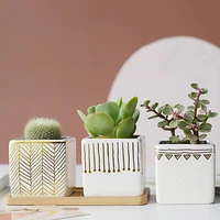 simple square ceramic flowerpot gold pattern home garden meat creative mini garden bedroom desktop creative art