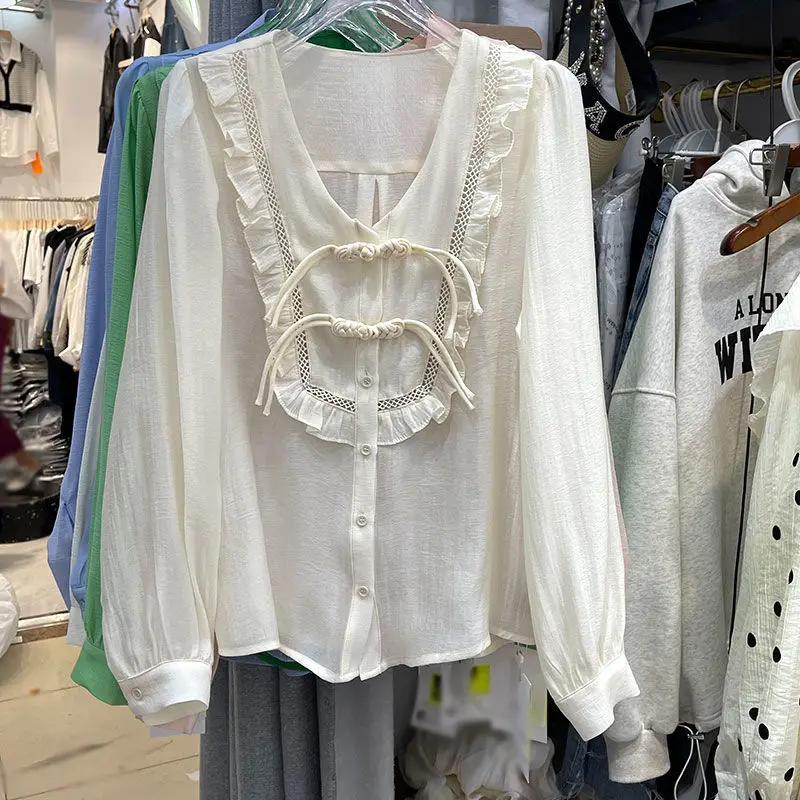 

Ruffled Stitching Pleating Sweet Lace Shirt Women's 2022 Spring New Design Long Sleeve Blouse Lady's Tops White Black