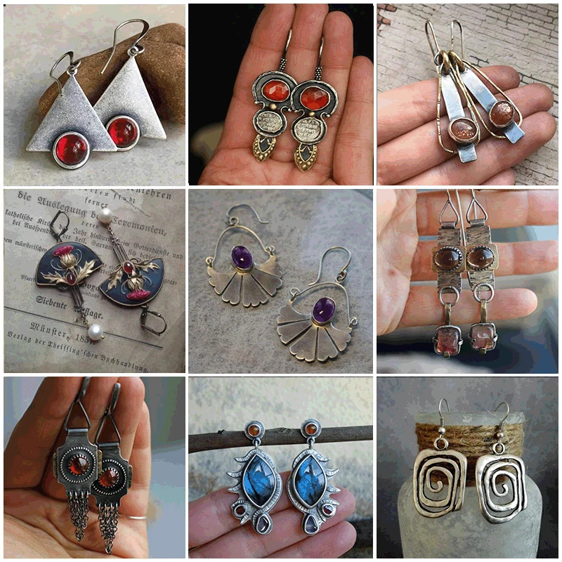 

New Women's Earrings Vintage Geometric Triangle Metal Suspension Earrings Red Stone Yellow Orange Asymmetric Earrings Jewelry
