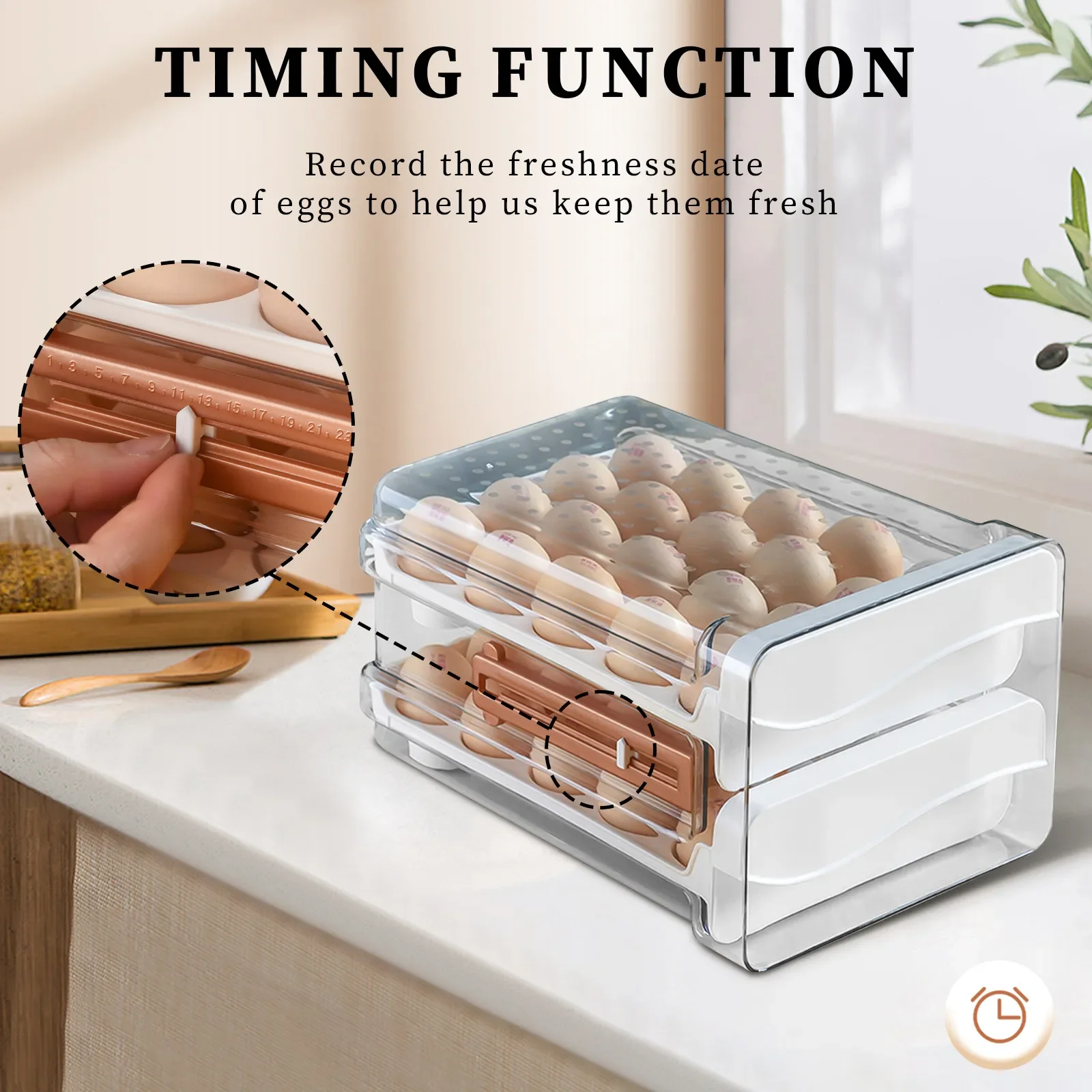 

32/40 Grid Countertop Egg Rack 2-Layer Drawer Type Eggs Box Bracket with Time Scale Transparent Stackable Kitchen Supplies