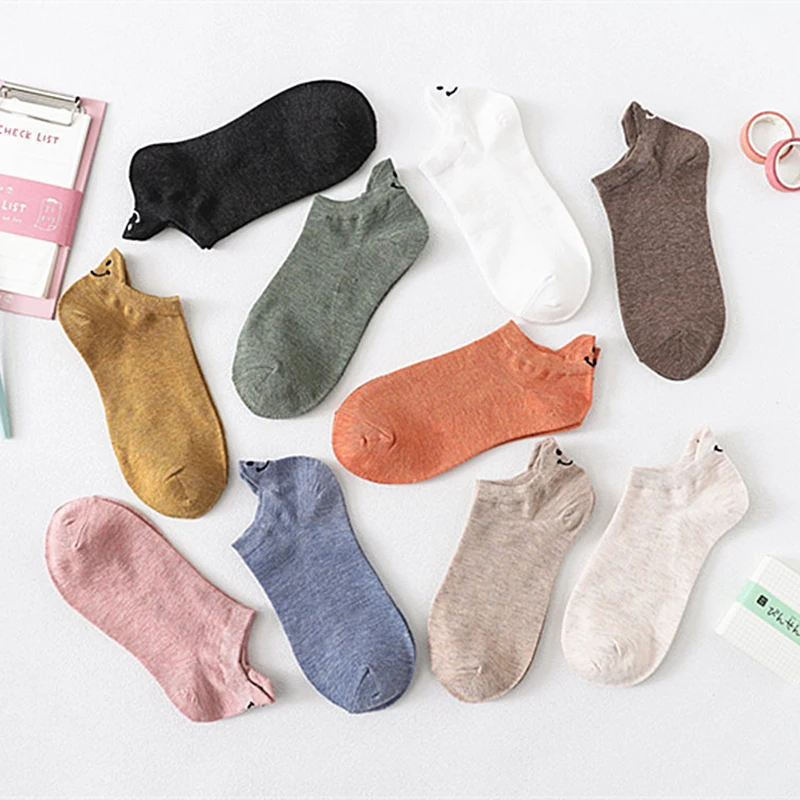 5 Pairs Spring Summer Female Socks Japanese Lovely Personality Heel Embroidered Smiling Face Lovers Solid Cotton Ankle Socks