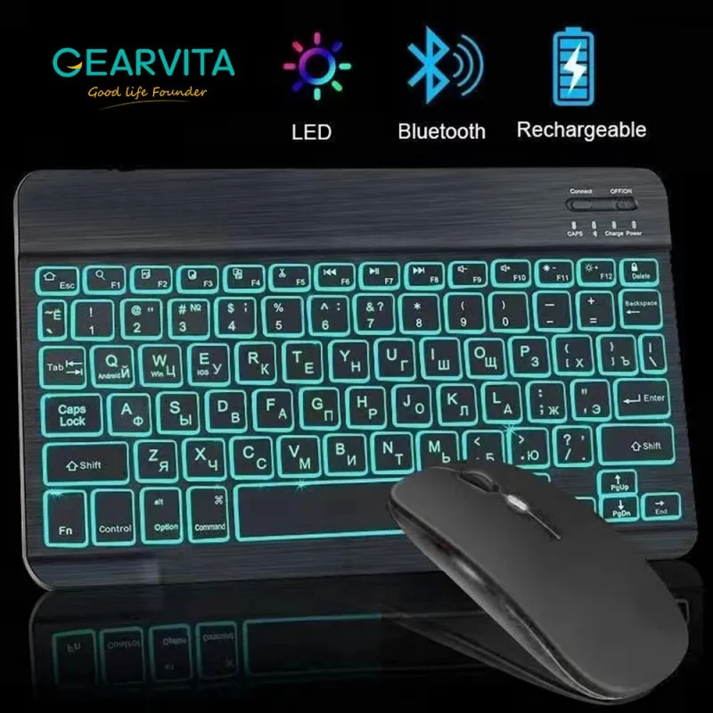

Беспроводная Bluetooth-клавиатура с подсветкой мыши для iPad, Android, Windows