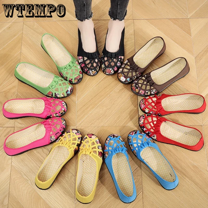 WTEMPO Women Flat Shoes Casual Hollow Mesh Cloth Loafers Slip on Summer Spring Mother Sandals Breathable Shoes Dropshipping