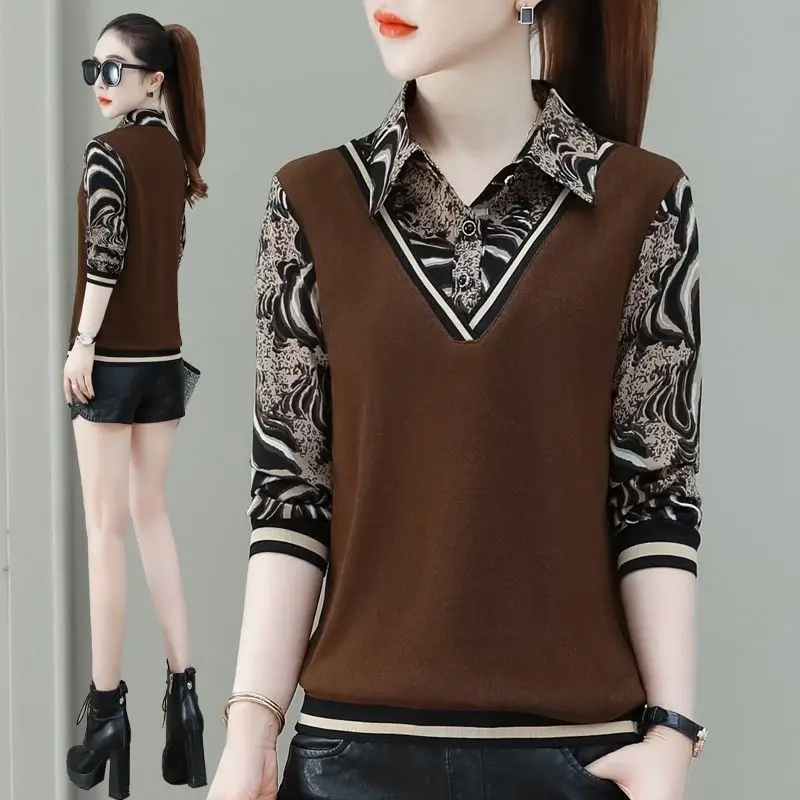 

Рубашка с длинным рукавом, весна-осень, новая блузка с отложным воротником, женская одежда, корейский модный топ из двух частей