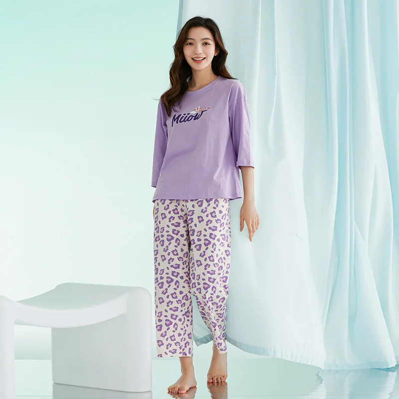 Spring and Summer Pajamas for Women's Pure Cotton Round Neck Sleeve Home Service Suit Small Fresh Style Comfortable Loungewear