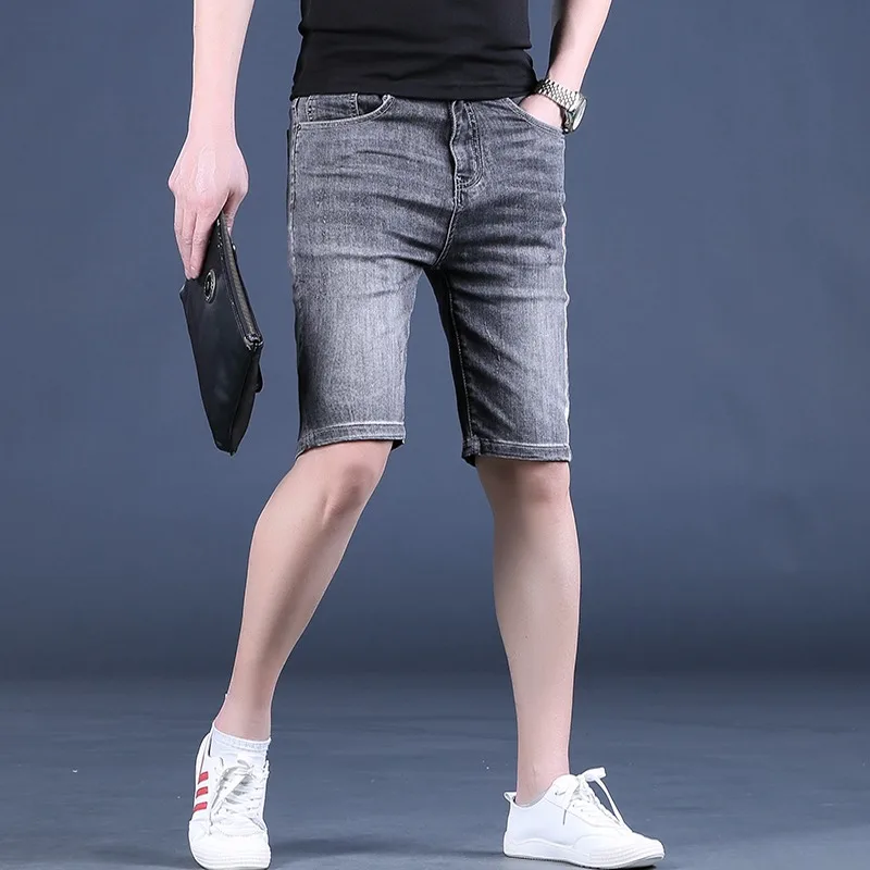 Summer Gray Shorts Men Fashion Side Stripe Printed Jeans Streetwear Casual Regular Straight Denim Shorts