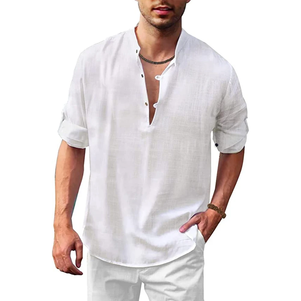

Men's Long Sleeve Button Down Henley Shirt Loose Fit Cotton Blend Top with V Neckline Available in Various Colors