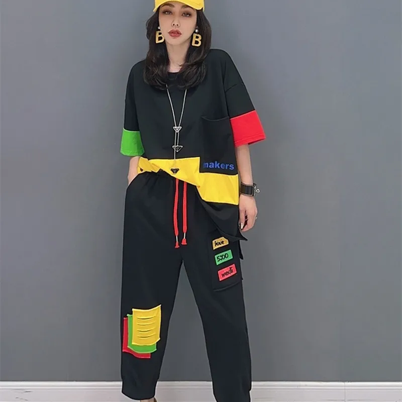 

2PCS Summer Long Set Women Street Wear Sports Kit Colorblocked Tops And Harem Calf Length Pants GYM Set