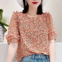 korean casual womens floral blouse 2022 fashion summer female clothing ruffles spliced folds ladies vintage round neck shirt