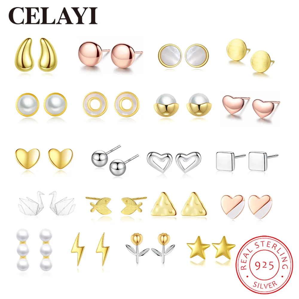 

CELAYI 925 Silver Stud Earrings For Women Pearl Round Love Geometric Stud Earrings Simple Versatile Design Stud Earrings Jewelry