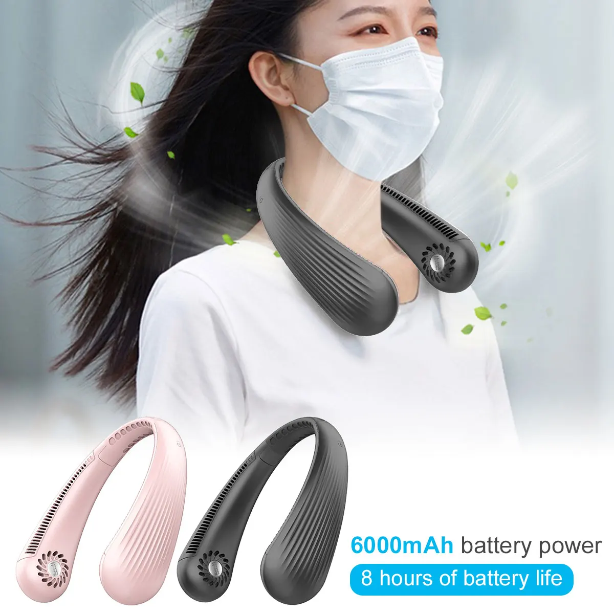 

Portable Neck Fan USB Rechargeable Adjustable Hanging Neck Fan with 6000mAh Battery 3 Speeds Hands-free Neck Fan 360° Cooling