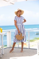 levaca womens summer casual striped print short sleeve hidden pocket belted tee dress