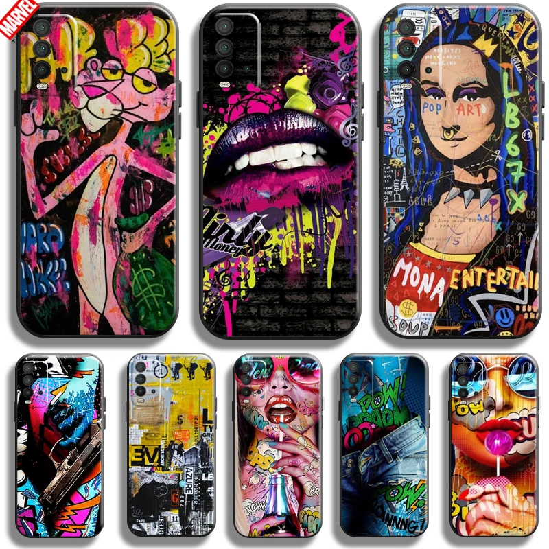 

Street Graffiti Oil Painting For Xiaomi Redmi 9T Phone Case Redmi 9T Back Black Liquid Silicon Coque