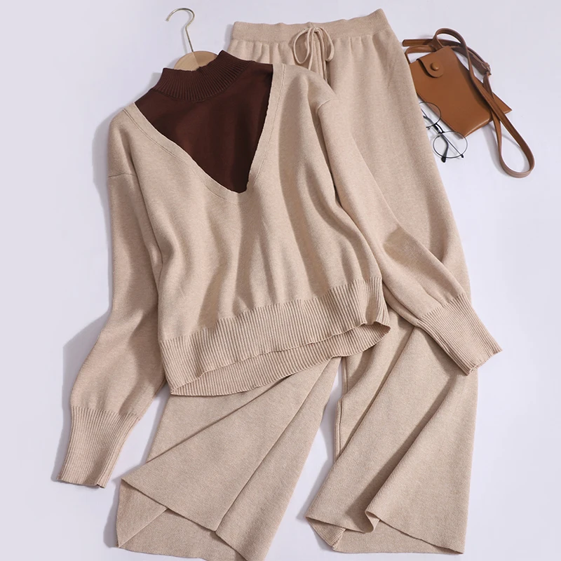 

Осенне-зимний костюм с брюками, свитер с высоким воротником, жилет с V-образным вырезом, свободные вязаные топы, широкие брюки со шнурком, Женский комплект из трех предметов
