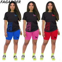 fagadoer pink letter print shorts tracksuits women short sleeve tshirtbiker shorts two piece sets summer matching sport outfits
