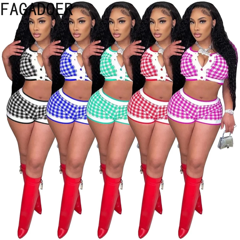 

FAGADOER Fashion Plaid Print Biker Shorts Two Piece Sets Women Button V Neck Crop Top+Shorts Tracksuits Casual Sport 2pcs Outfit