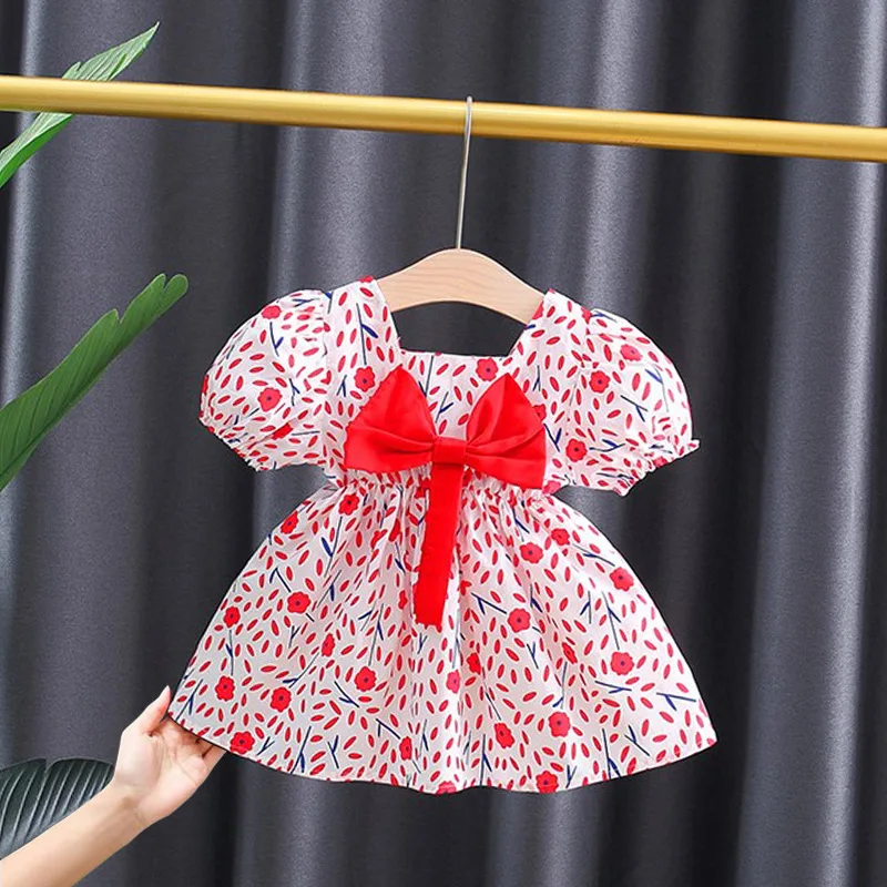 

New Fashion Baby Girl Dress Lovely Summer Floral Dress Toddler Infant Short Sleeve Bow Princess Dress