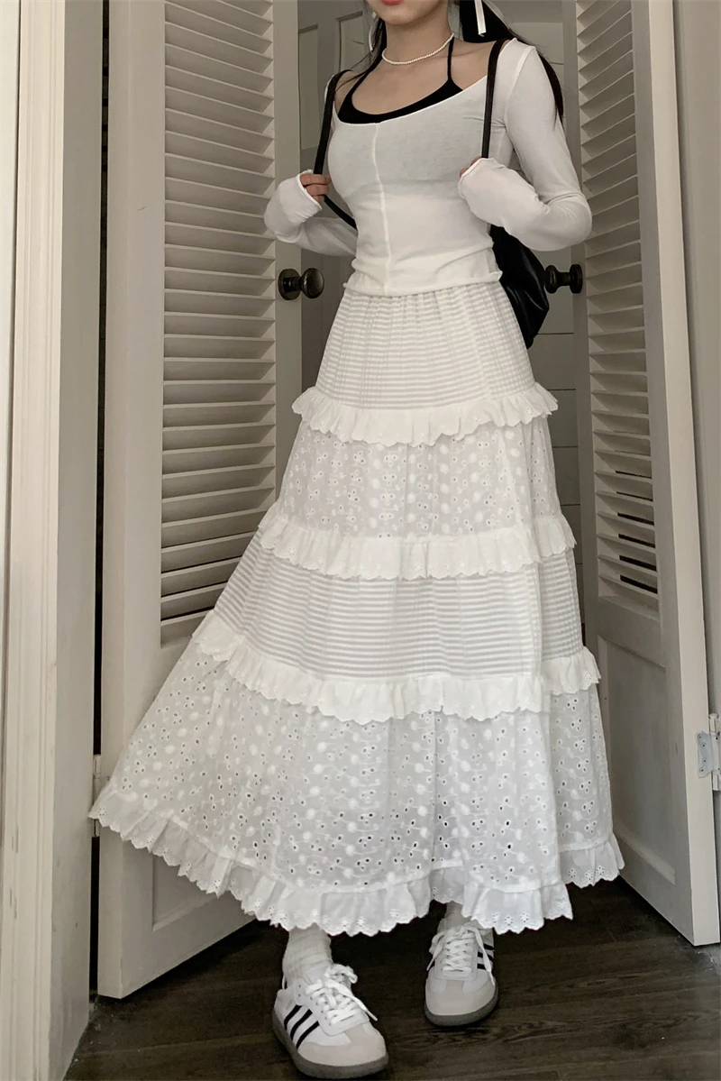 

Женская юбка с завышенной талией, белая трапециевидная юбка с завышенной талией, длинная нежная юбка с цветочным принтом и мелкими крючками на осень