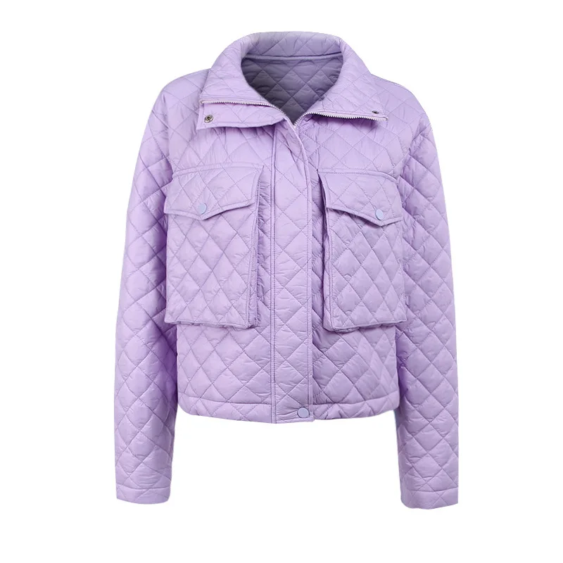 2022 New Slim Fit Zipper Pocket Plaid Jacket European and American Style Temperament Warm Cotton Clothing Women's Jacket Top