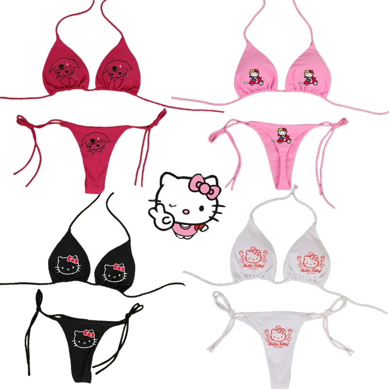 2-Piece Hello Kitty Hanging Neck Tie Bikini Anime Kuromi Y2K Girls Sexy Swimsuit Ladies Adjustable Swimsuit Bra Vest Suit Gifts