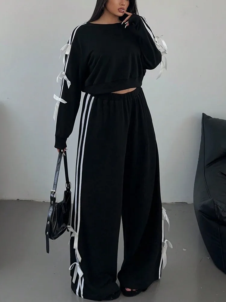 Женский комплект из 2 предметов черный пуловер с длинным рукавом и штаны